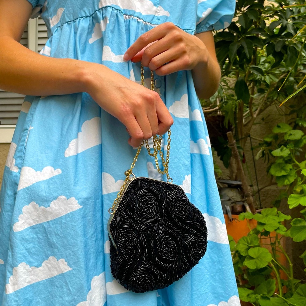 Vintage black/gold hand beaded mini bag with chain